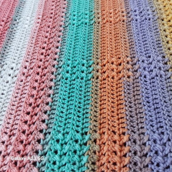 Handmade Crochet Pastel Striped Blanket Throw 60" X 50" Soft Cotton Blend Lightw - Picture 2 of 2
